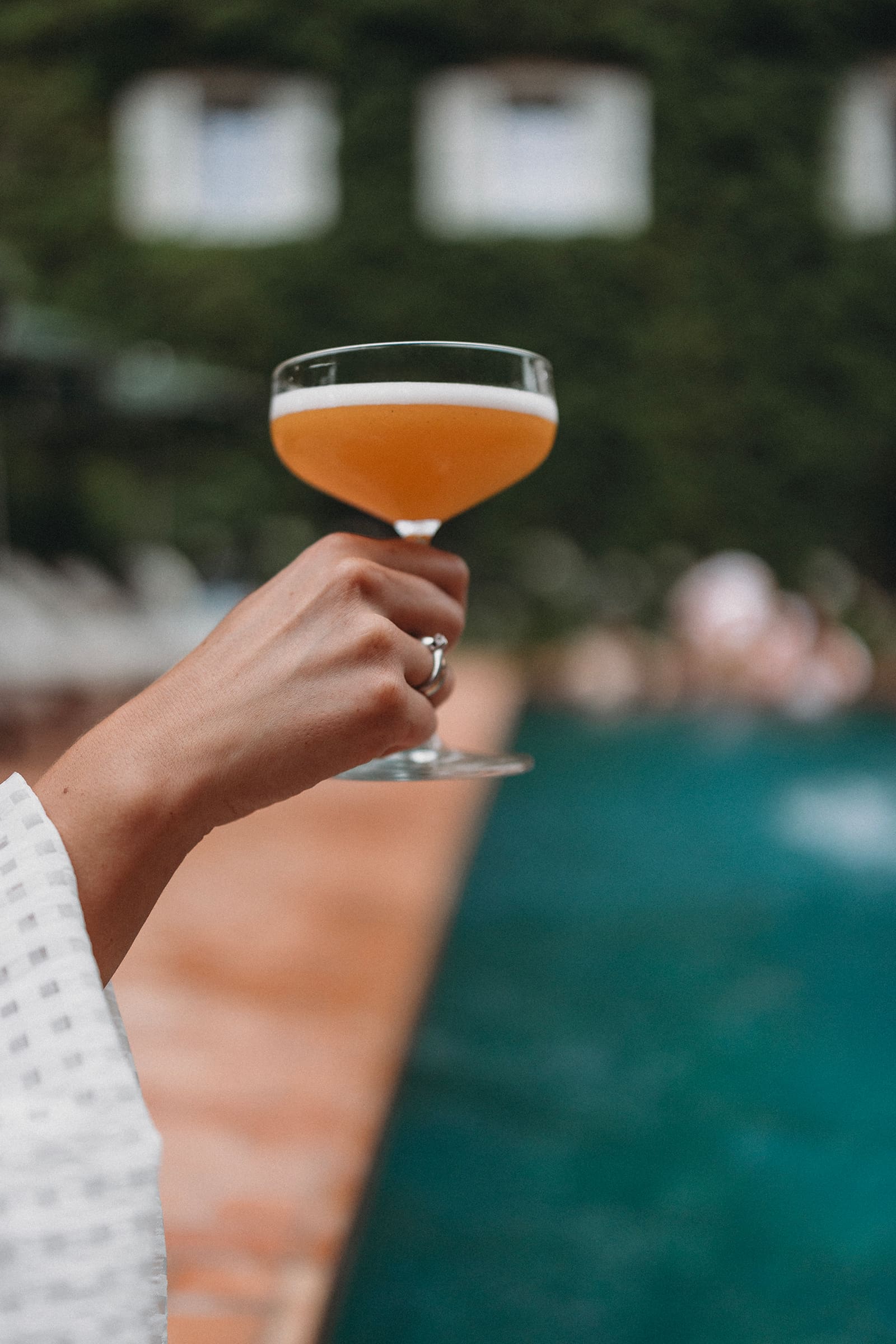 Cocktail Amarill Sour in una coppa da champagne.